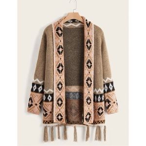 New Cowichan Fringe Boho Sweater Western Aztec Print Cardigan Size 1XL